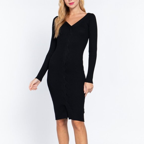 Deep Double V-neck Twist Detail Sweater Stretch Midi Dress in Black or Pink - Picture 11 of 16